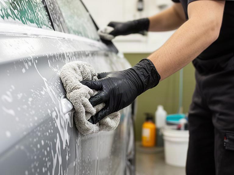 Detailer using a wash mitt on a silver car after pH-neutral snow foam application