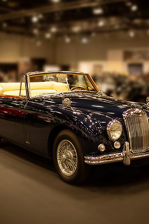 Classic British sports car with polished chrome and clean cream interior at a car show